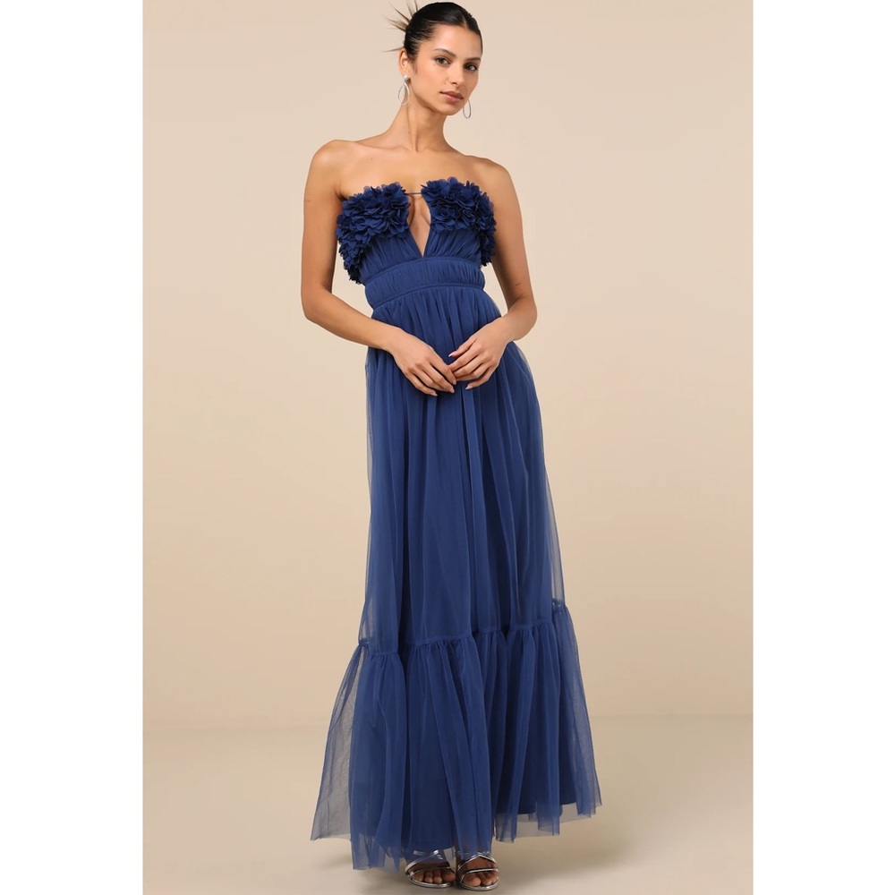 Lulu's Navy Strapless Maxi Dress with Floral Bodice